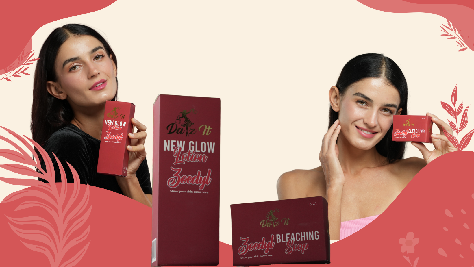 a women advertising Skin glow and soap for brighting skin
